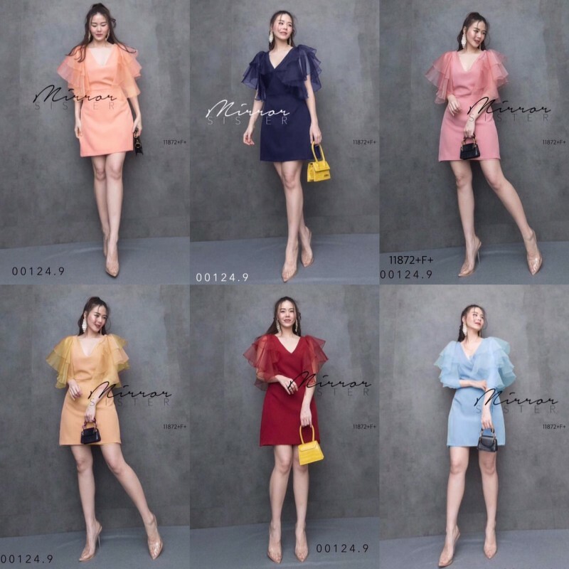 kudapy เดรสสีพื้นผ้าซาร่า แขนผาแก้วระบาย 2 ชั้น มีซิหลัง ดีเทลสวย ใส่ได้หลายโอกาส ใส่สบาย