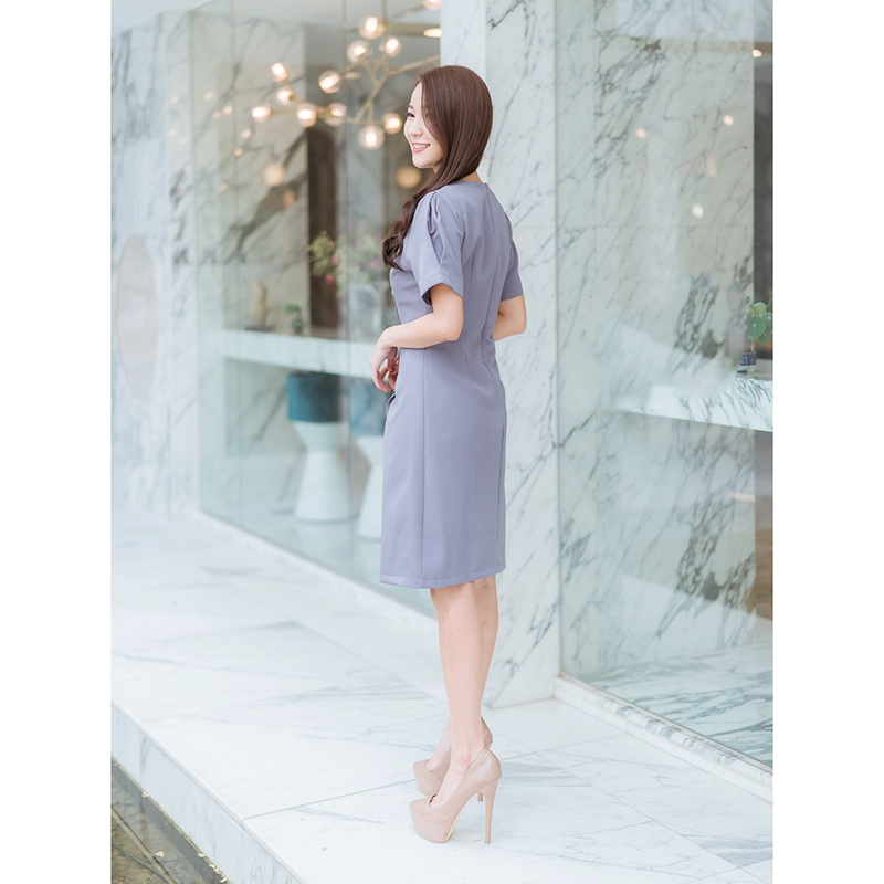 kudapy เดรสสั้นสีแดง/สีม่วง/สีเทา คอวีทำงานกระดุมทองใส่สบายสวยดูดี