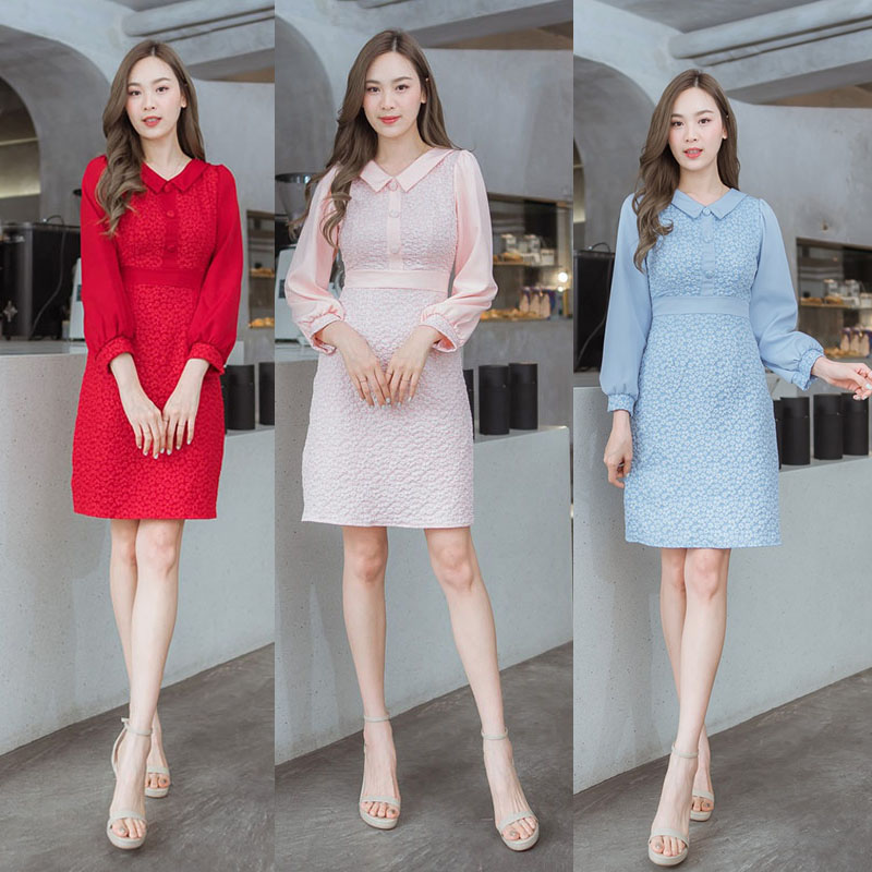 kudapy เดรสสั้นสีแดง/สีชมพู/สีฟ้า ผ้าทอลายนูนแขนยาว