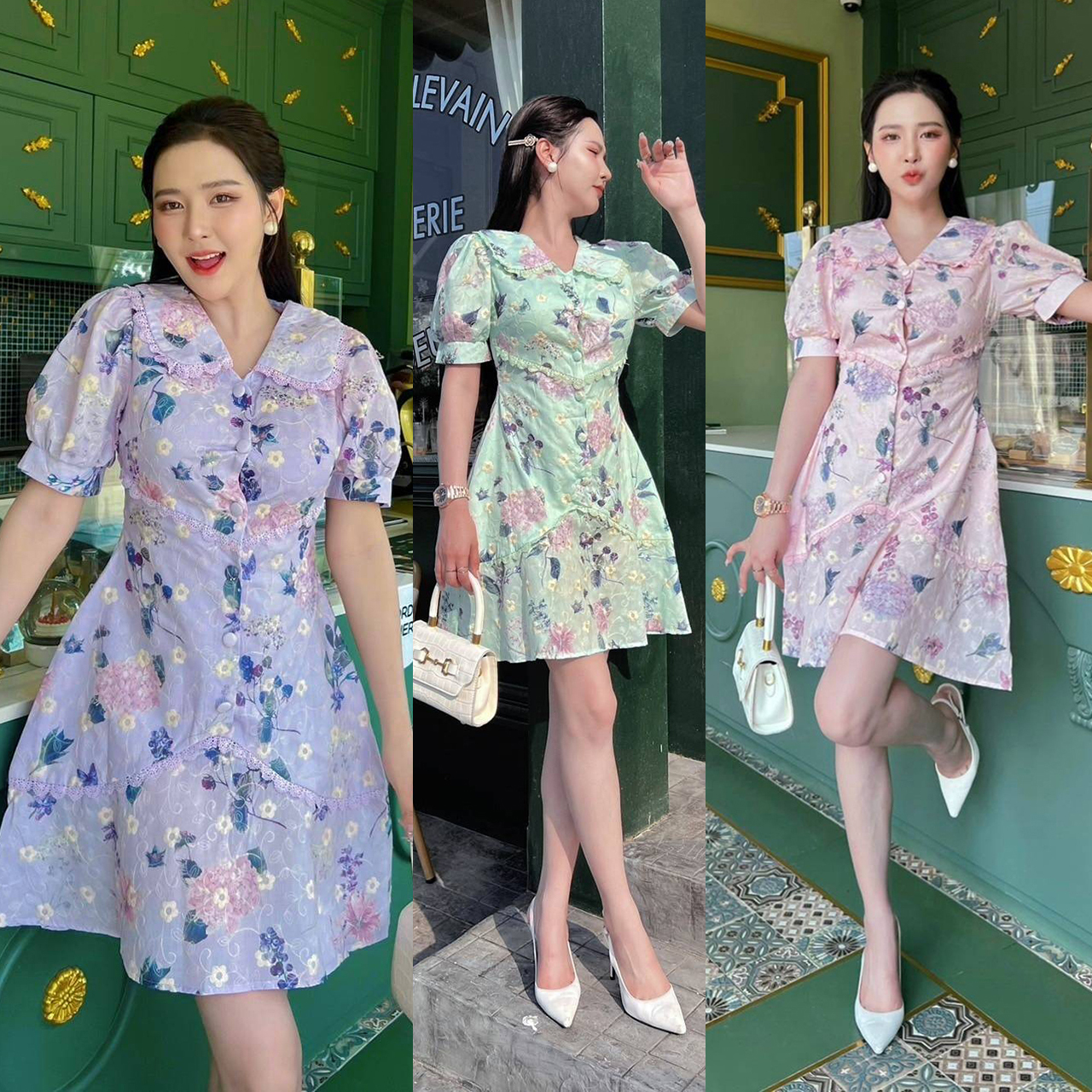 kudapy เดรสสั้นสีเขียว/สีชมพู/สีม่วง งานปัก ลูกไม้ฉลุ ผ้าดีมาก ใส่สบาย เรียบหรูไฮโซ ใส่เที่ยว
