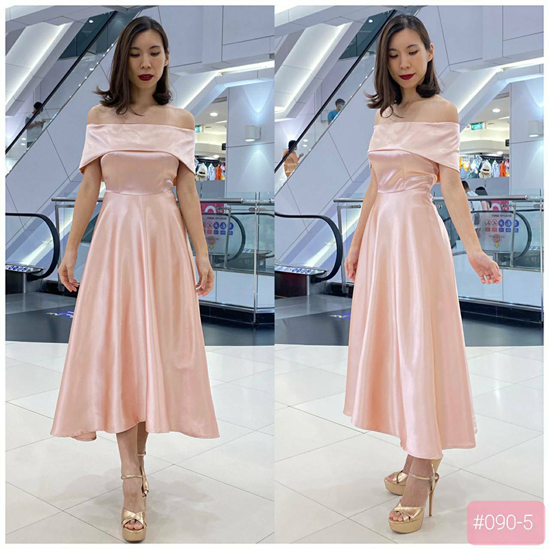 kudapy เดรสเปิดบ่า พับอก หน้าสั้นหลังยาวสีกรม แดงไวน์ ครีมทอง คอปเปอร์ อัดกาวเก็บทรงสวย สามารถยืดหยุ่นได้