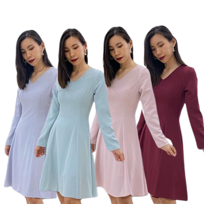 kudapy เดรสสั้นคอวีใส่ไปงานสีเขียวมิ้นท์/ สีชมพู /สีฟ้าอมม่วง /สีแดงเลือดนก แขนยาวกระโปรงบาน ตีเกร็ดเอวเข้ารูป ผ้าเครปเกาหลี เย็นสบาย นิ่มม๊ากมาก
