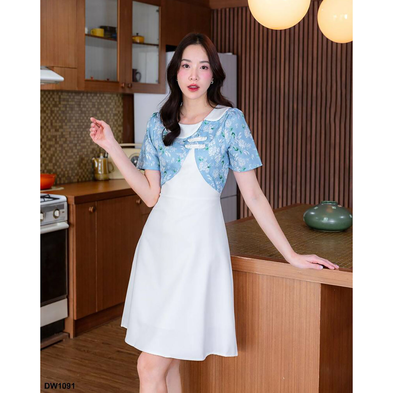 kudapy เดรสสั้นสีแดง/สีฟ้า ผ้าแจ็คการ์ดคอปก ใส่สบายสวยดูดีน่ารัก