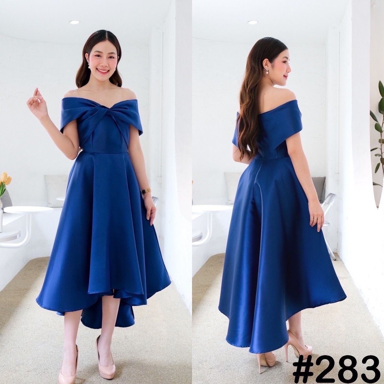 kudapy เดรสหน้าสั้นหลังยาวสีเขียว ทอง เทา ชม กรม แดง โรสโกล ขาว เปิดบ่าTwistอกใหญ่ ปิดพรางซ้อนแขน แบบอลังๆ แต่ไม่เวอร์วัง กระโปรงทรงหน้าสั้นหลังยาว