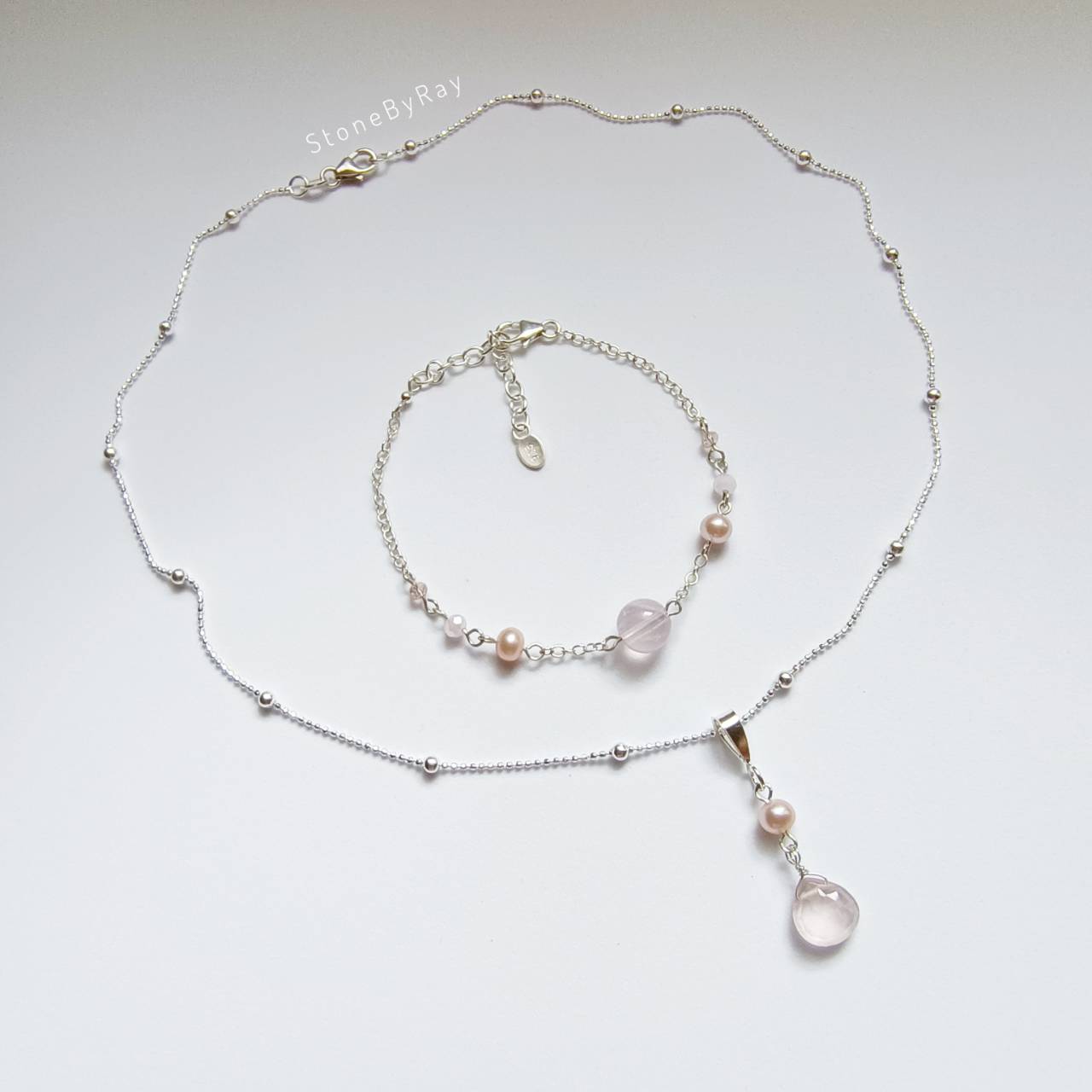 Setสร้อยคอเงินจี้หินโรสควอตซ์กับไข่มุก Rose Quartz&Pearl