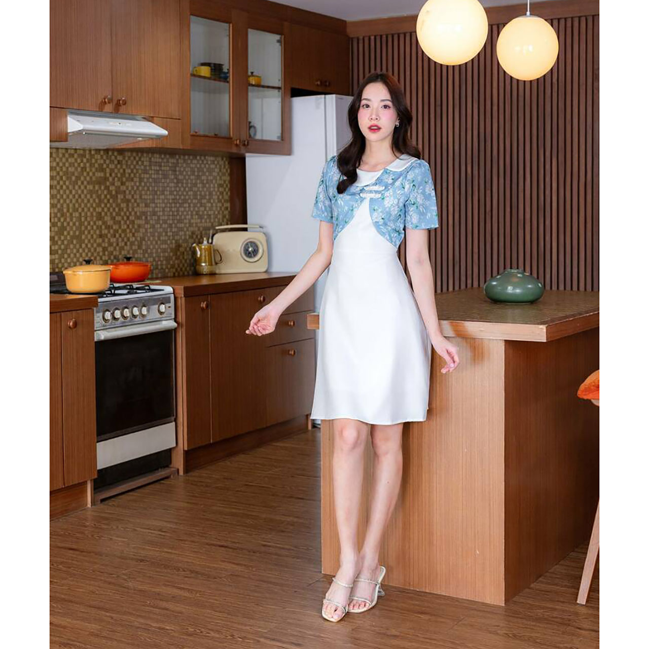 kudapy เดรสสั้นสีแดง/สีฟ้า ผ้าแจ็คการ์ดคอปก ใส่สบายสวยดูดีน่ารัก