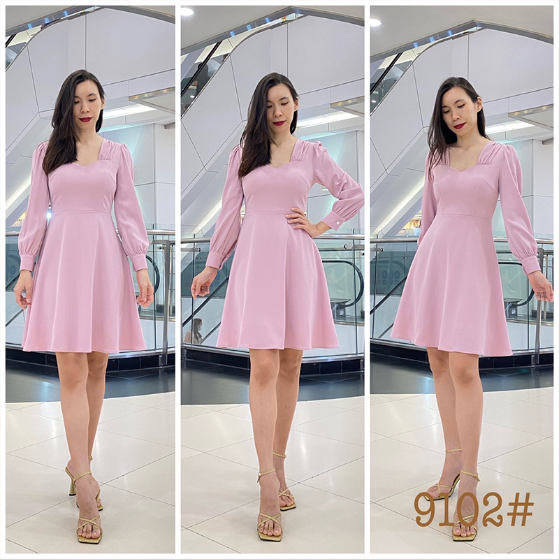 kudapy เดรสสั้นสีครีม ชมพู ชมพูพีช กรม เขียวมิ้นต์ แดง กระโปรงบาน พรางสะโพก ซิปหลัง ใส่ง่าย เนื้อผ้าเครปเกาหลี เย็นสบาย