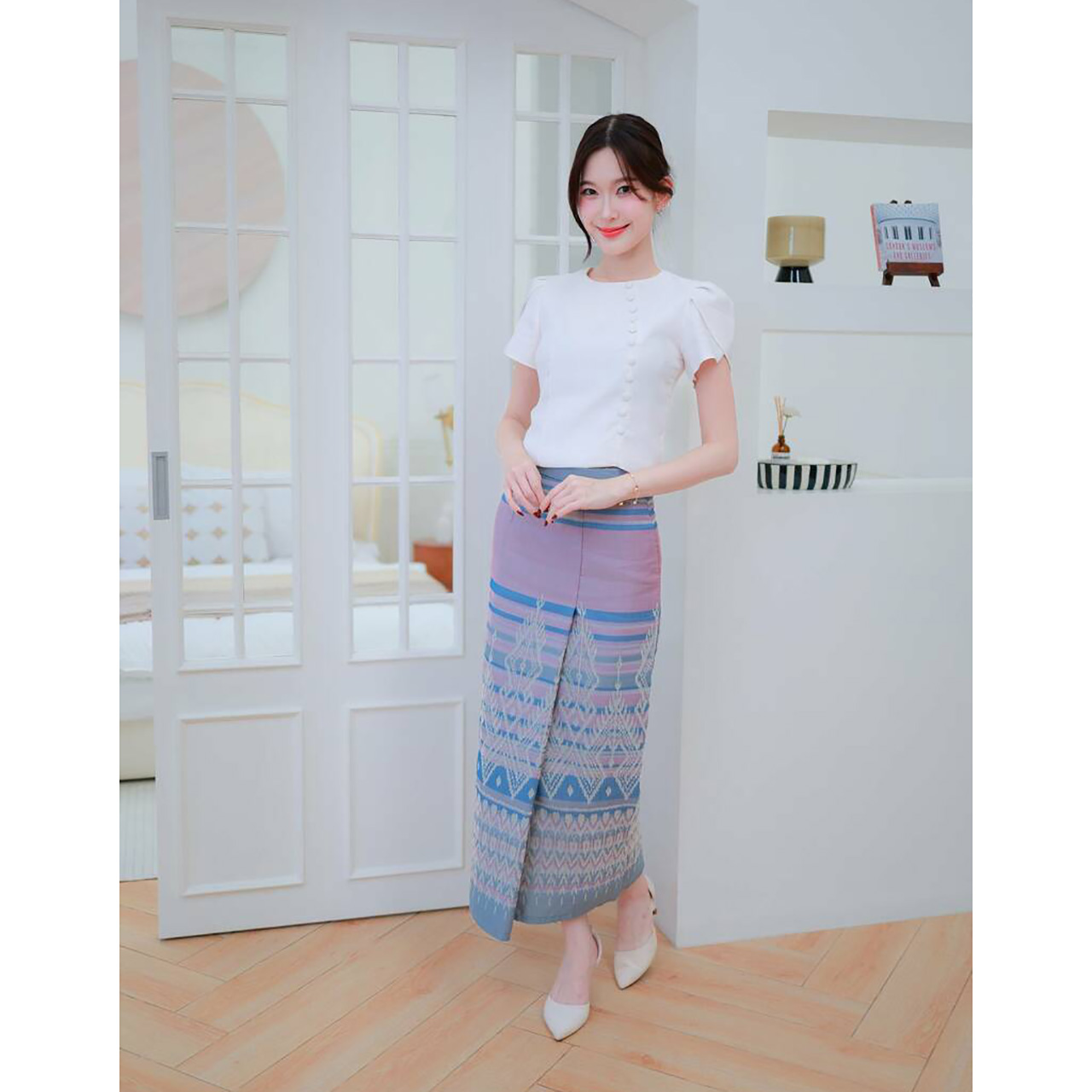 kudapy ชุดเซ็ทเสื้อผ้าไหมแต่งจีบตรวหัวไหล่ดูดี ผ้าถุงลายไทยสวยดูดีน่ารัก