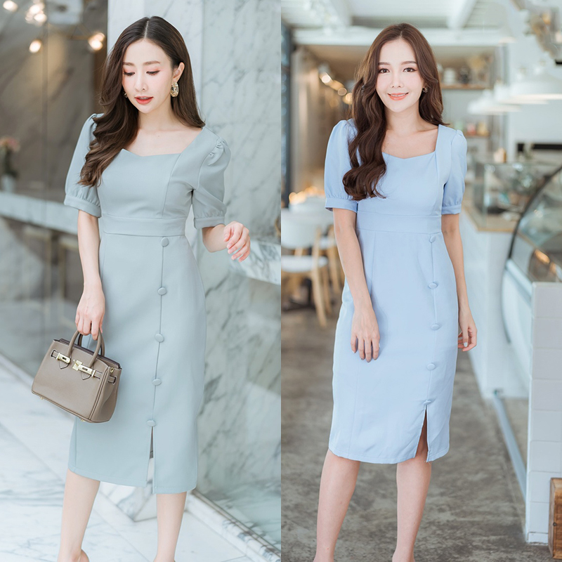 kudapyเดรสสั้นสีฟ้า/เขียว/กรมท่า ใส่ทำงานแต่งกระดุสวยดูดี