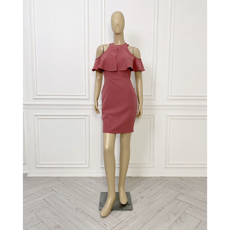 kudapy เดรสสั้นสีไวน์แดง/สีชมพูกลีบบัว/สีฟ้า/สีชมพูอ่อน เว้าไหล่ระบายผ้าบาบี้