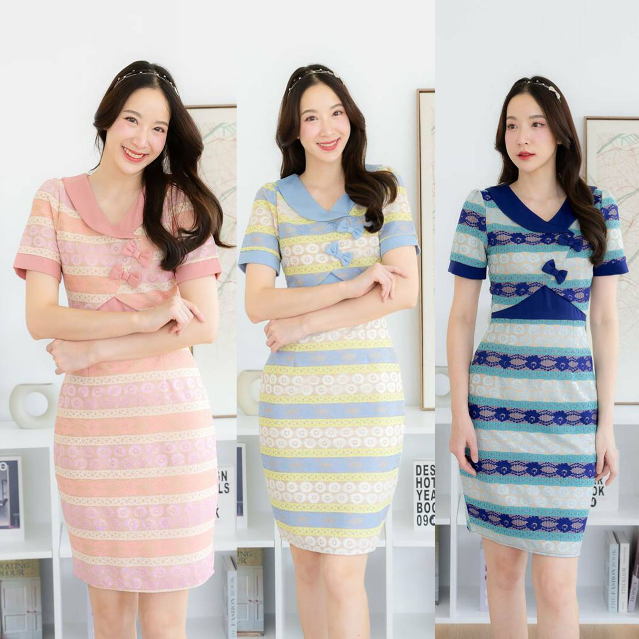 kudapy เดรสสั้นสีชมพู/สีฟ้า/สีกรม เดรสแขนสั้น คอปกไขว่อกโบว์ลูกไม้2โทน