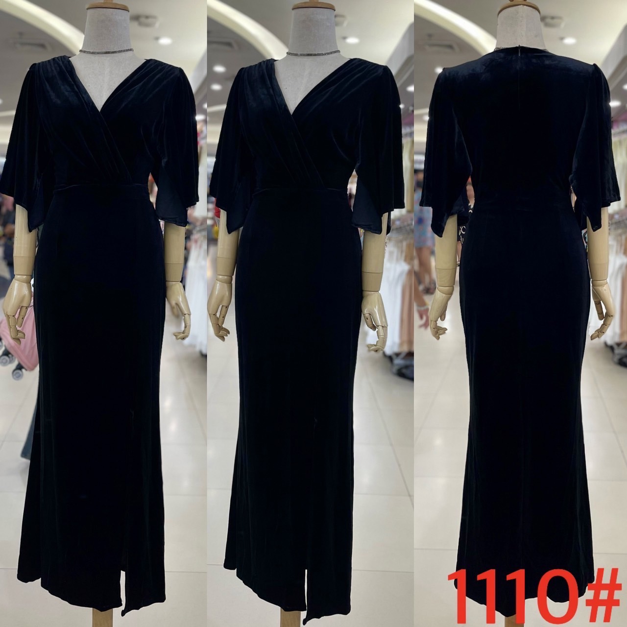 kudapy Maxi เดรสยาว ผ้ากำมะหยี่ นิ่มเนื้อหนา คอระหงษ์ ดีเทลคอวี แขนระฆัง กระโปรงหางปลา ผ่าหน้า