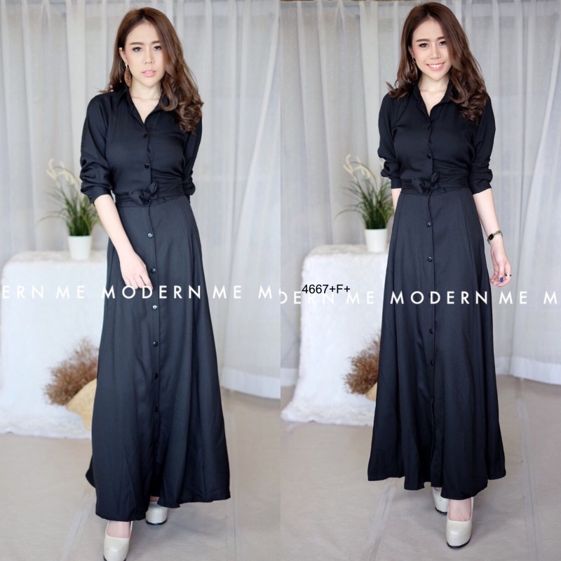 kudapy Maxi Dress แม็กซี่เดรสเชิ้ตแขนยาว สีพื้น งานเชิ้ตแต่งคอปกกระดุมช่วงหน้ายาวข้างเอวเย็บติดสายผูกเอว
