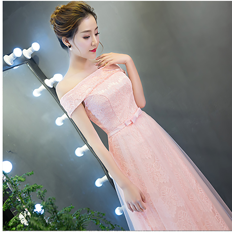 kudapy ชุดราตรียาวสีชมพู,สีเทา สำหรับสาวไซส์ใหญ่ แบบปาดไหล่ ลูกไม้หรูใส่ออกงานกลางคืน งานพรอม กระโปรงตาข่าย