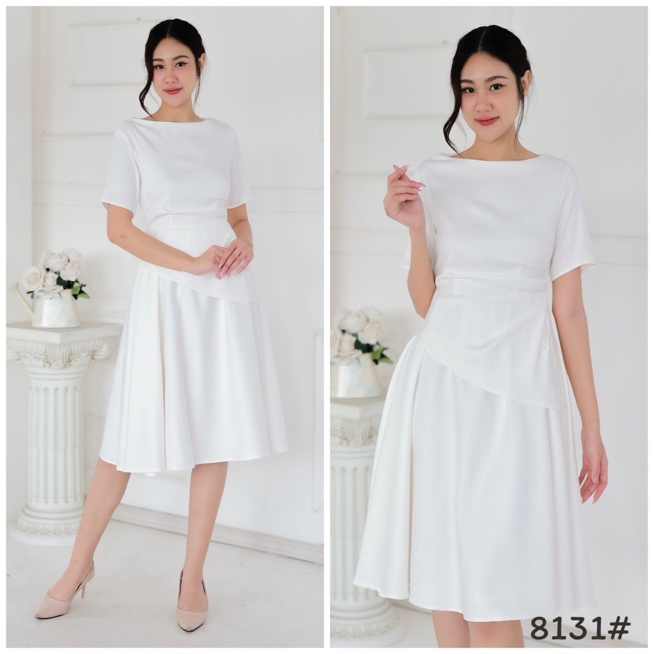 kudapy เดรสแขนสั้น คอปาด เกาหลี ดีเทลเสื้อจับจีบเอว เข้ารูป เก็บทรง