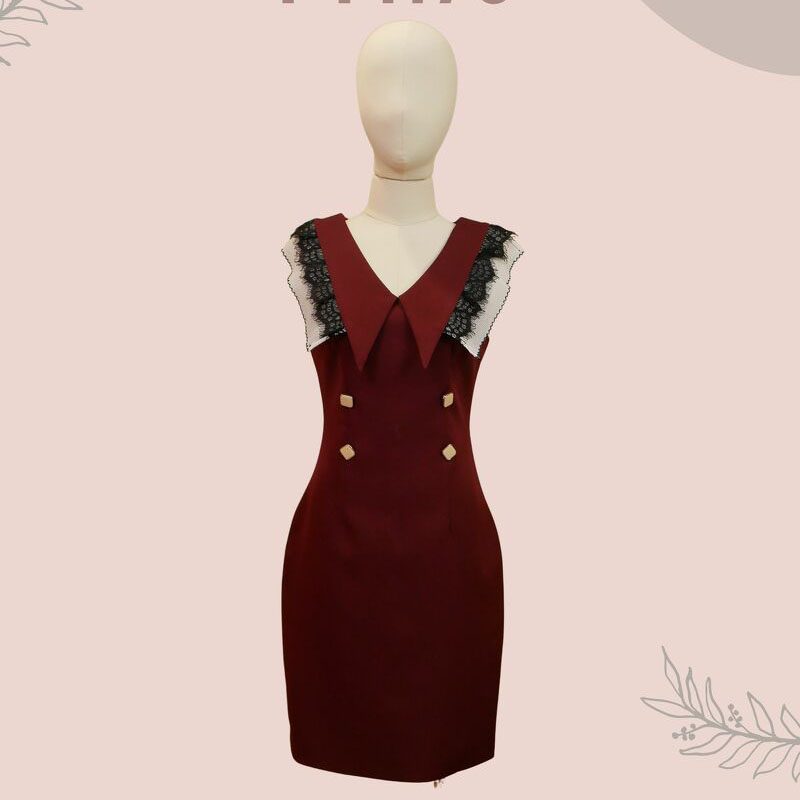 kudapy เดรสสั้นสีแดงเข้ม/สีดำ แขนกุดแต่งลูกไม้ผ้าพื้น ใส่สบายสวยดูดี