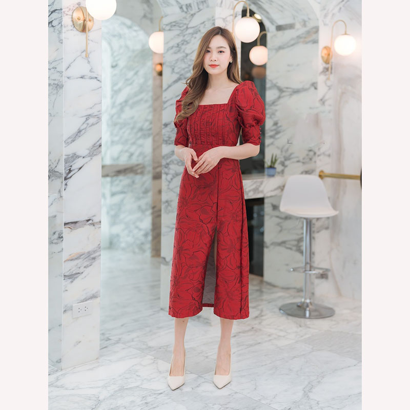 kudapy เดรสยาวสีชมพู/สีแดง/สีเหลือง ผ่าหน้าแขนตุ๊กตา สวยดูดีใส่สบาย