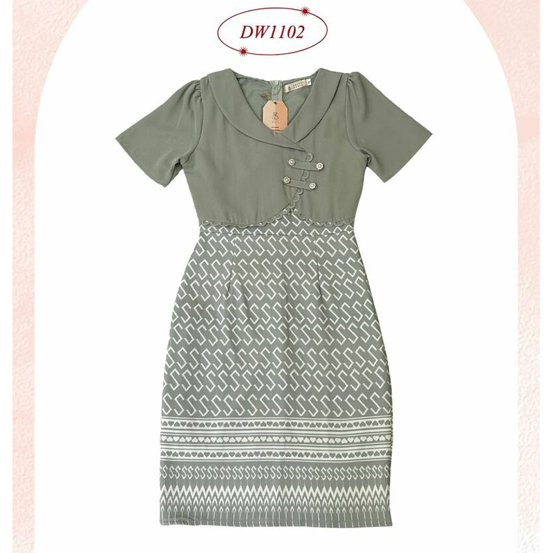 kudapy เดรสสั้นสีฟ้า/สีชมพุ/สีเขียว กั๊กผ้าไทยลายขอ+แต่งกระดุมมุก 4 ชิ้น