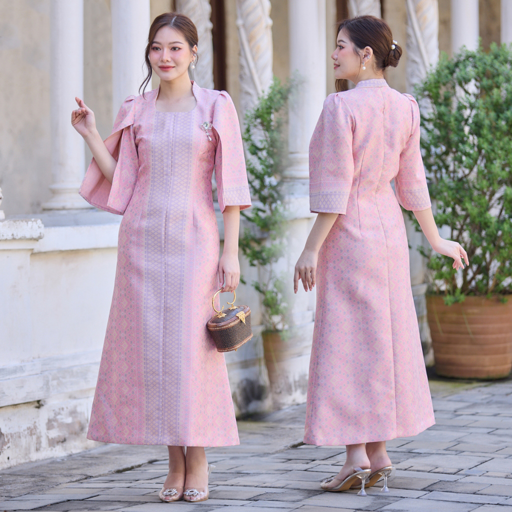 kudapy ชุดออกงานผ้าไหม ชุดเดรส นางพญาลายแพรวา ชุดออกงาน ทำงาน ปาตี้ งานเลี้ยง สีชมพู