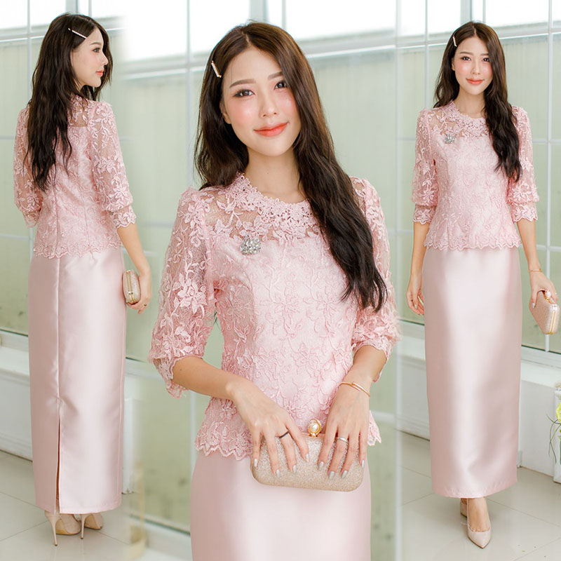 kudapy Set เสื้อ +ผ้าถุง สีทอง/สีชมพู งานเกรดพรีเมี่ยม ระดับห้องเสื้อ ลูกไม้ถักทออย่างดี ใส่แล้วดูหรูไม่ว่าจะงานกลางวันกลางคืน