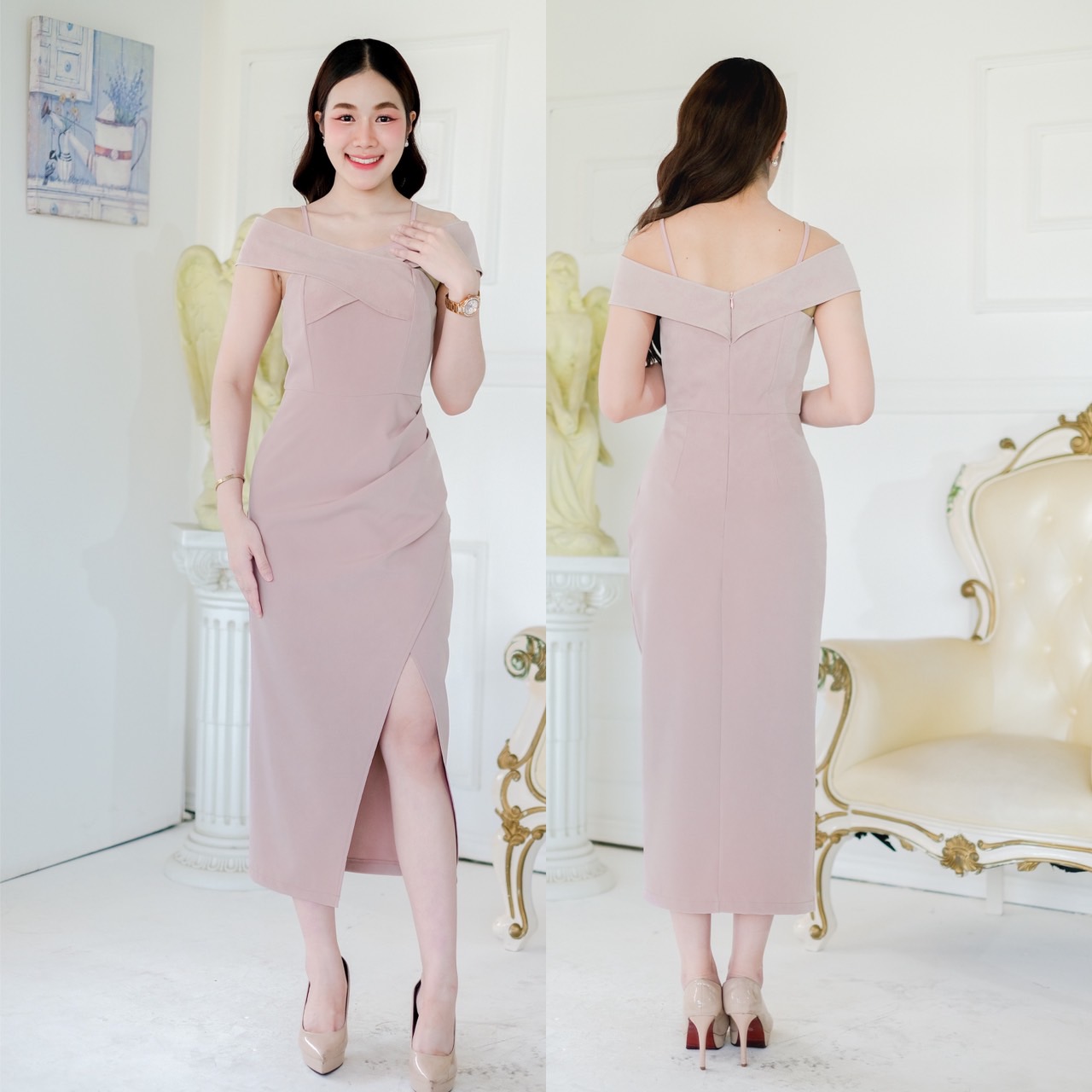 kudapy เดรสยาวสีชมพูอ่อน/ชมพูเข้ม/ครีมนู๊ด/ฟ้าเบบี้บล เปิดบ่า ทรงสอบ มีสายเดี่ยว ใส่แล้วผอม กระโปรงสอบทรงทิวลิป ยาวครึ่งแข้