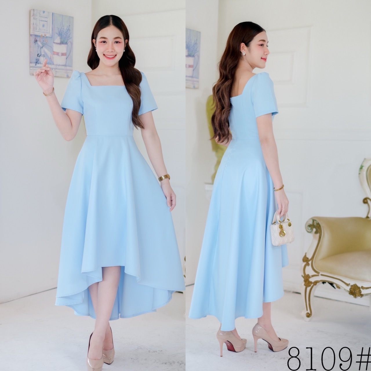 kudapy เดรสสั้นสีฟ้า/สีแดง แขนสั้น คอเหลี่ยม เกาหลีมากแม๊ คัตติ้งเริศแบบอลัง กระโปรงทรงหน้าสั้นหลังยาว