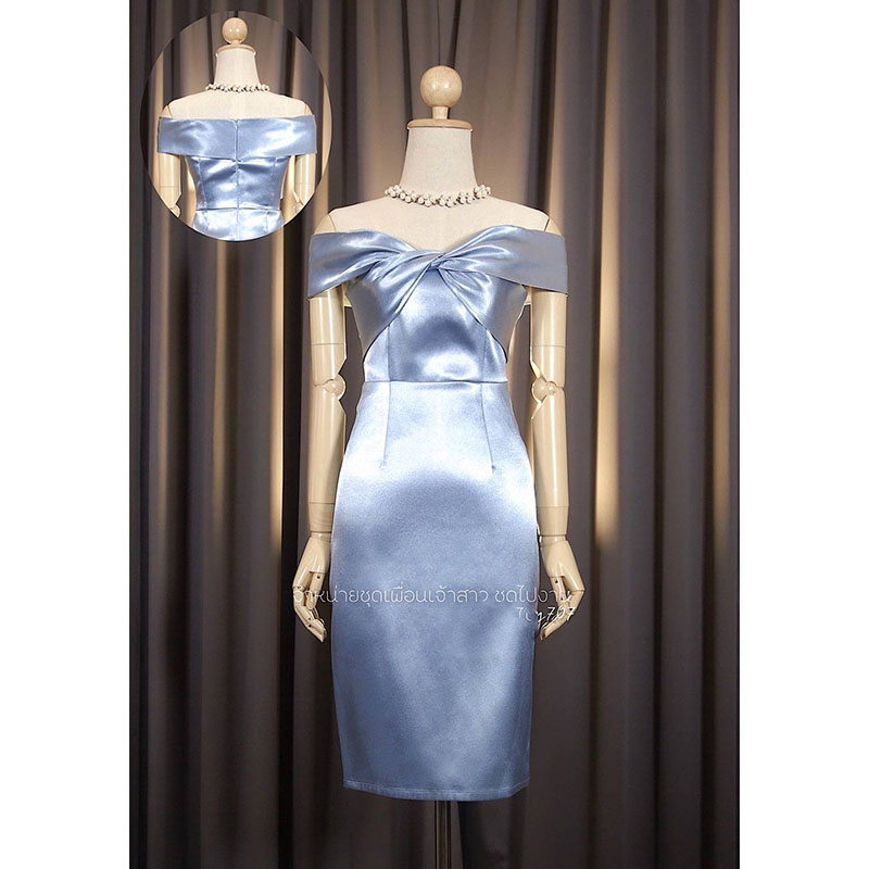 kudapy เดรสสั้นสีกรม/สีฟ้า/สีชมพูกลีบบัว/ สีแดง เปิดบ่าทวิชอก กระโปรงสอบ ซิปหลังใส่ง่าย เนื้อผ้าดัชเชสอัดกาว