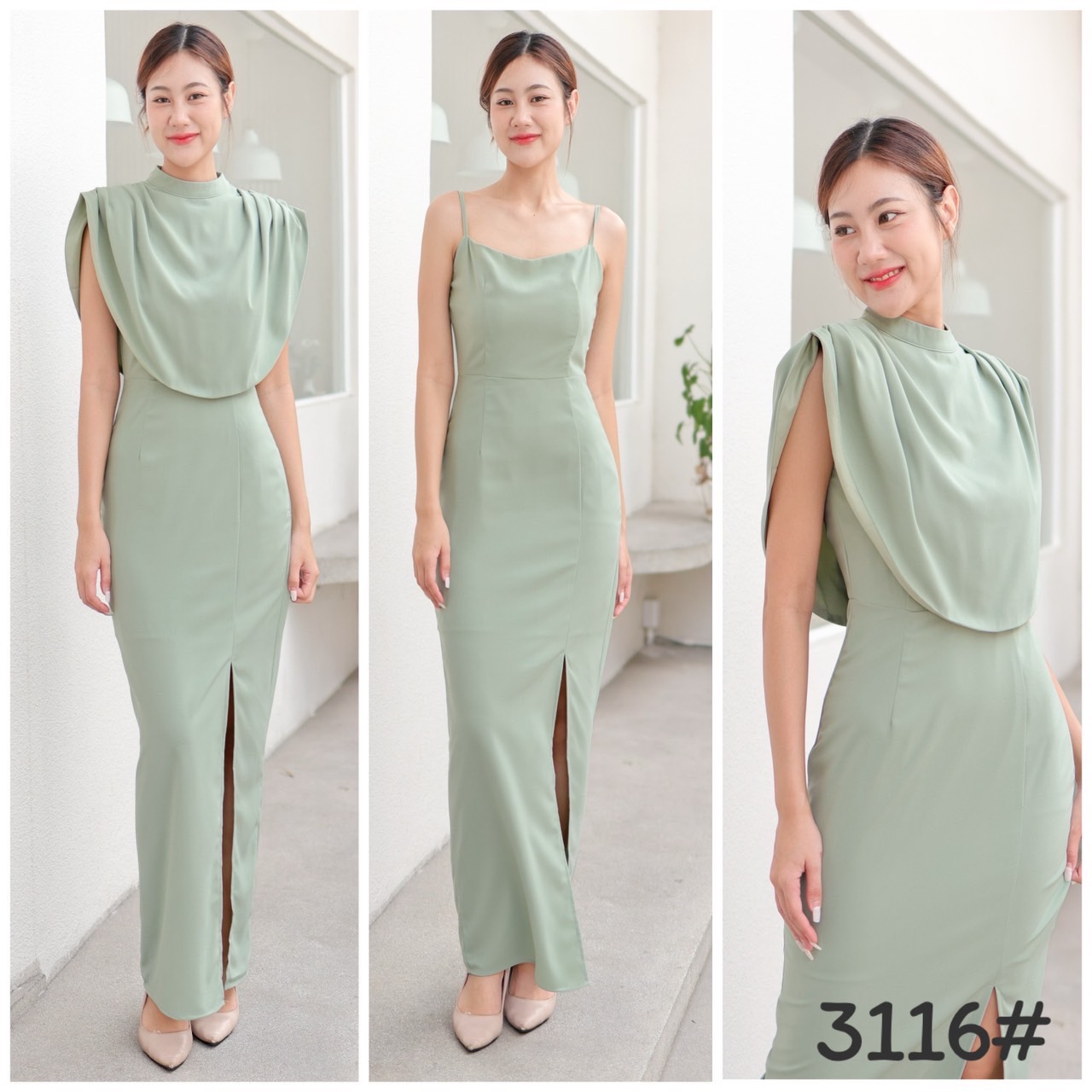 kudapy ชุดราตรีออกงาน สายเดี่ยวเข้ารูป ส่เสื้อคลุมชายโค้ง เนื้อผ้าชีฟองหนา