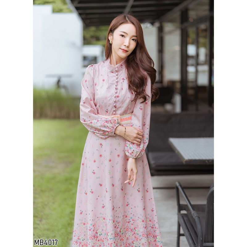 kudapy เดรสยาวสีขาว/ชมพู แขนยาวกระดุมหน้าใส่สบายสวยดูดี