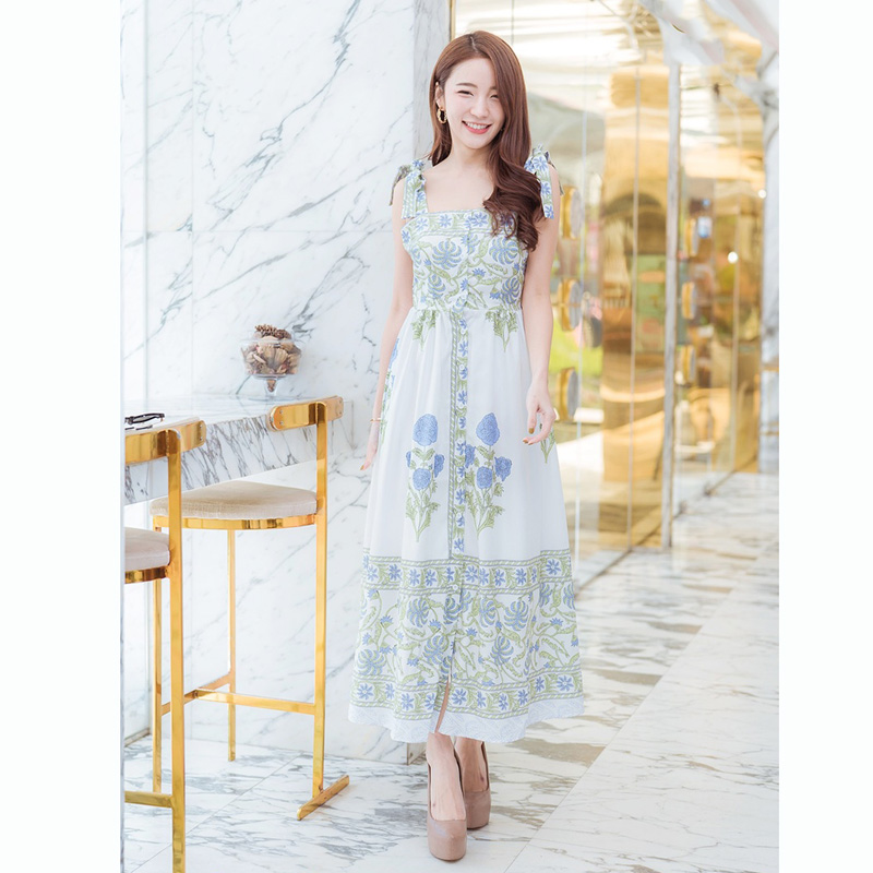 kudapy เดรสยาวสีเหลือง/สีม่วง สายเดี่ยวลายดอกไม้สวยดูดีน่ารักมากๆ