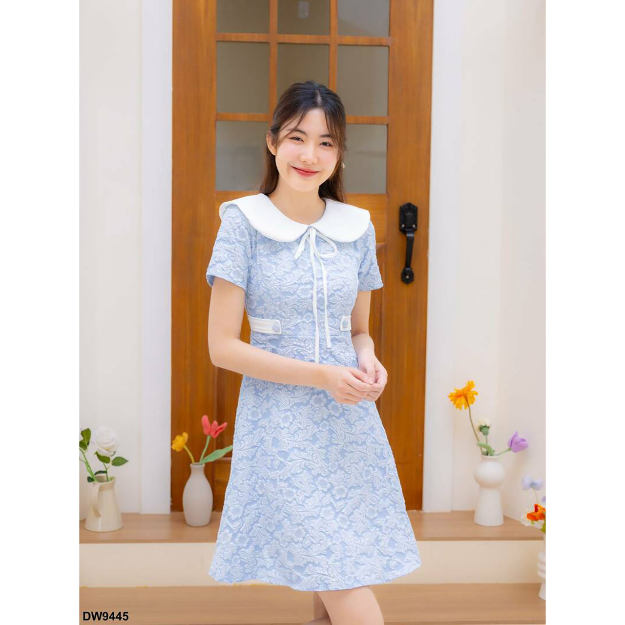 kudapy เดรสสั้นสีชมพู สีน้ำตาล สีฟ้า คอปกแจคกาดคาดเอว