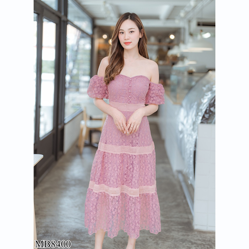 kudapy เดรสยาวเปิดไหล่สีชมพู/สีขาว ลูกไม้ออกงานเปิดไหล่สวยดูดี