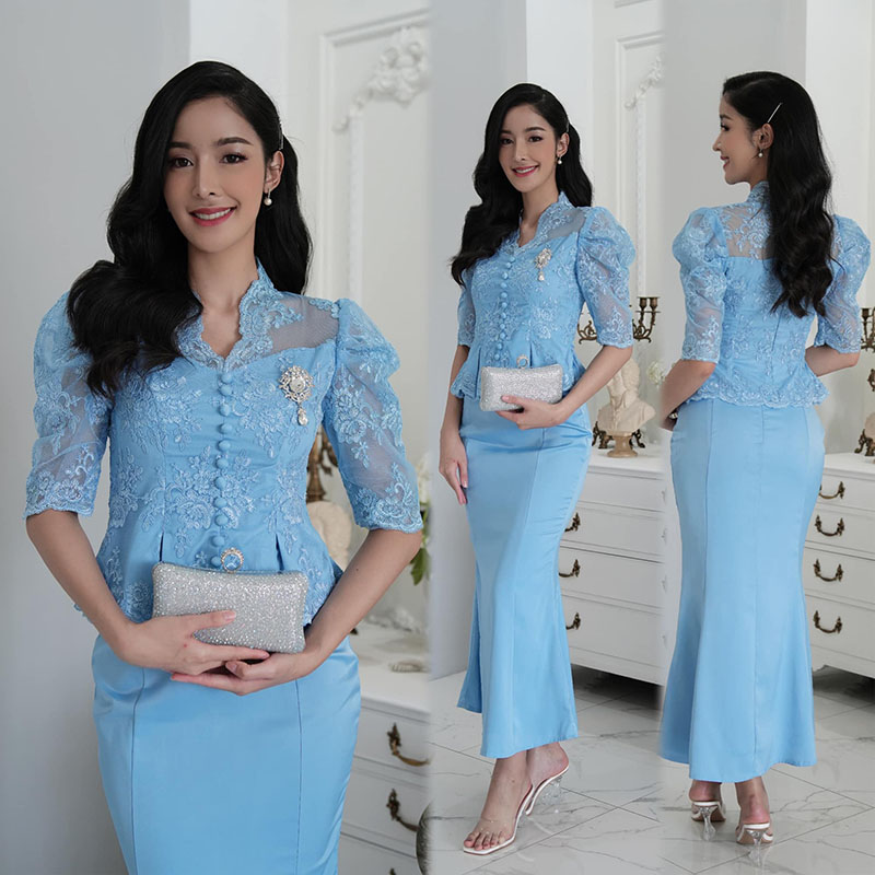 kudapy ชุด set สีแดงไวน์/สีฟ้า/สีส้มอิฐ เสื้อลูกไม้ทอลายดอกไม้สุดหรู มีซับในทั้งตัวใส่สบายไม่คัน กระโปรงหางปลา