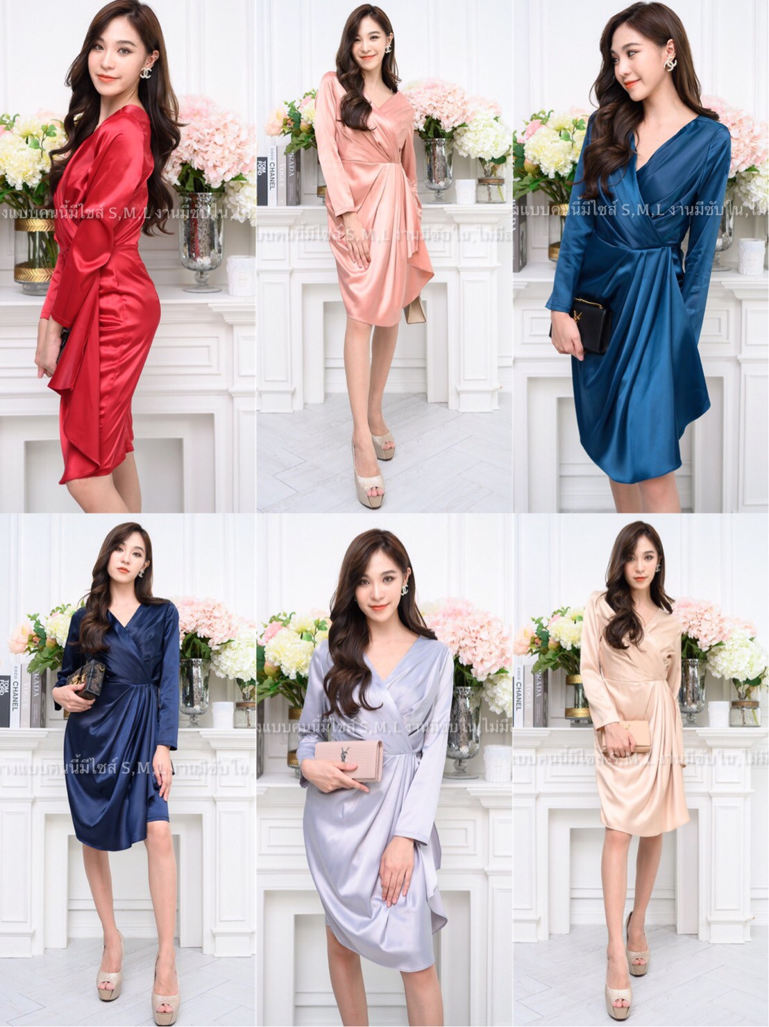 kudapy เดรสสั้นคอวีป้าย สีแดง, เขียว ,เทาเงิน เดรสสั้น แขนยาว ระบาย กปสั้น ผ้าซาติน