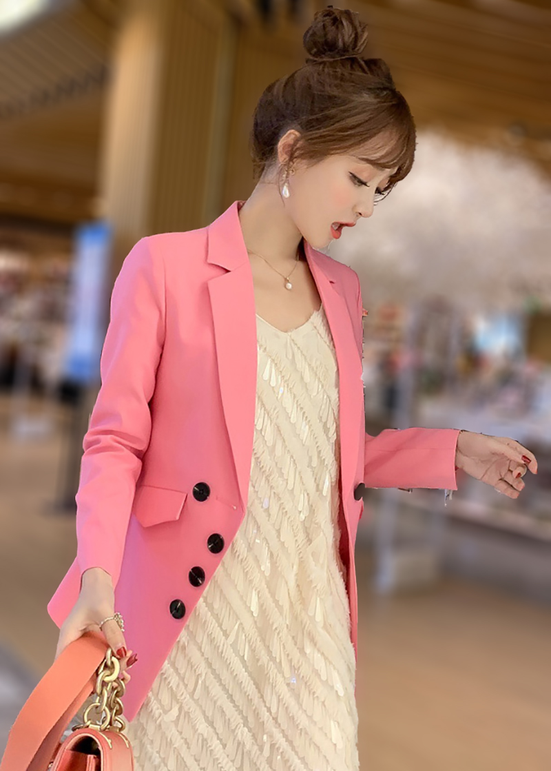 เสื้อสูทคอปก กรดุมหน้าสีดำ สีชมพู ผ้าโพลีเอสเตอร์ผสม แขนยาว สไตล์สาวเท่ห้ามพลาด