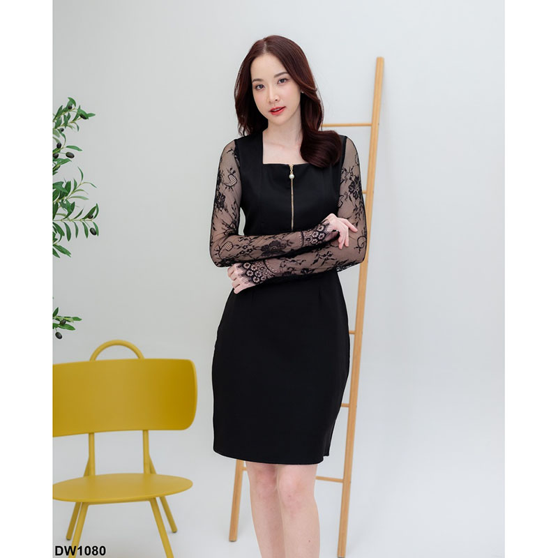 kudapy เดรสสั้นสีชมพู/สีขาว/สีดำ อกซิบแขนลูกไม้ยาว