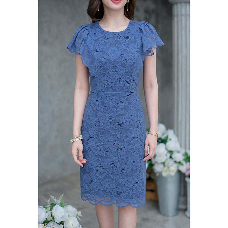 kudapy เดรสสั้นสีฟ้าคราม/สีครีม ลูกไม้แขนปีก สวยหวาน ลายลูกไม้สวย ใช้ผ้าลูกไม้อย่างดี ชุดนี้ใช้เชิงลูกไม้ทำระบายช่วงแขนและชายกระโปรง