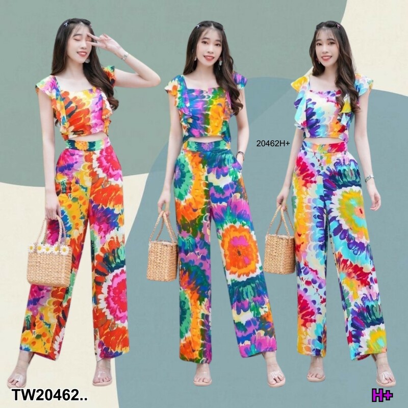 kudapy set 2 ชิ้น เสื้อครอปมัดย้อมแขนระบาย + กางเกงขายาว จะใส่เที่ยวใส่ชิลล์ ใส่ไปทะเล ก้สวยชิลล์