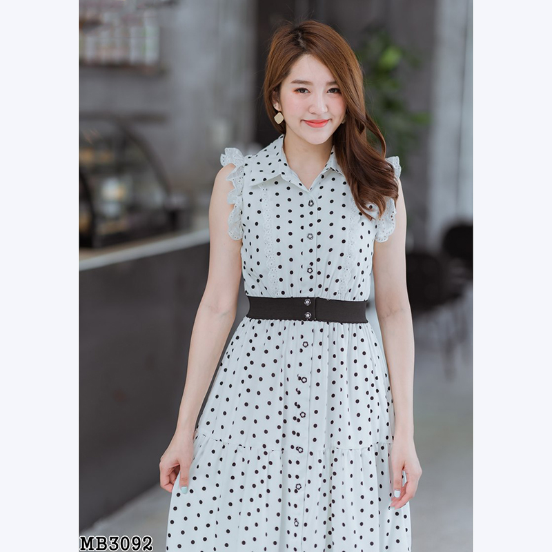 kudapy เดรสยาวสีขาว ลายจุดแขนระบายลูกไม้ใส่สบายสวยดูดี