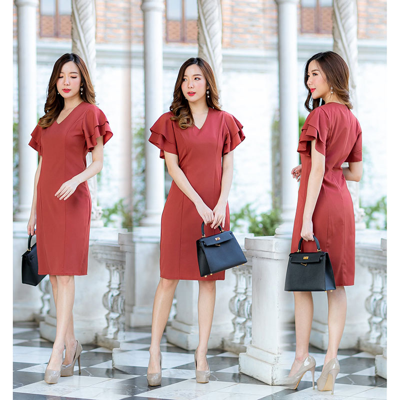 kudapy เดรสสั้นสีส้มอิฐ / ฟ้าคราม / ชมพูกะปิ สีพื้นผ้าโพลีเอสเตอร์เกรดเอ ตกแต่งแขนระบาย2ชั้น เนื้อผ้านิ่มลื่นน ซิปซ่อน ด้านหลัง สวมใส่ง่าย