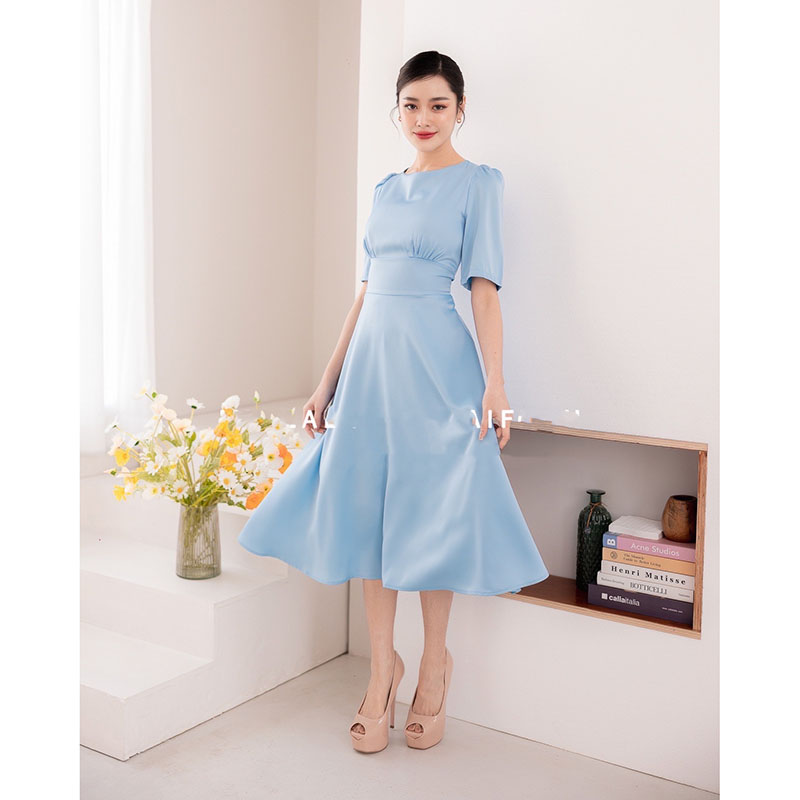 kudapy เดรสสั้นสีเขียว/สีน้ำตาล/สีฟ้า/สีชมพู กระโปรงบาน แขนสั้น ทรงรุ่นนี้ใส่แล้วสวยหวาน