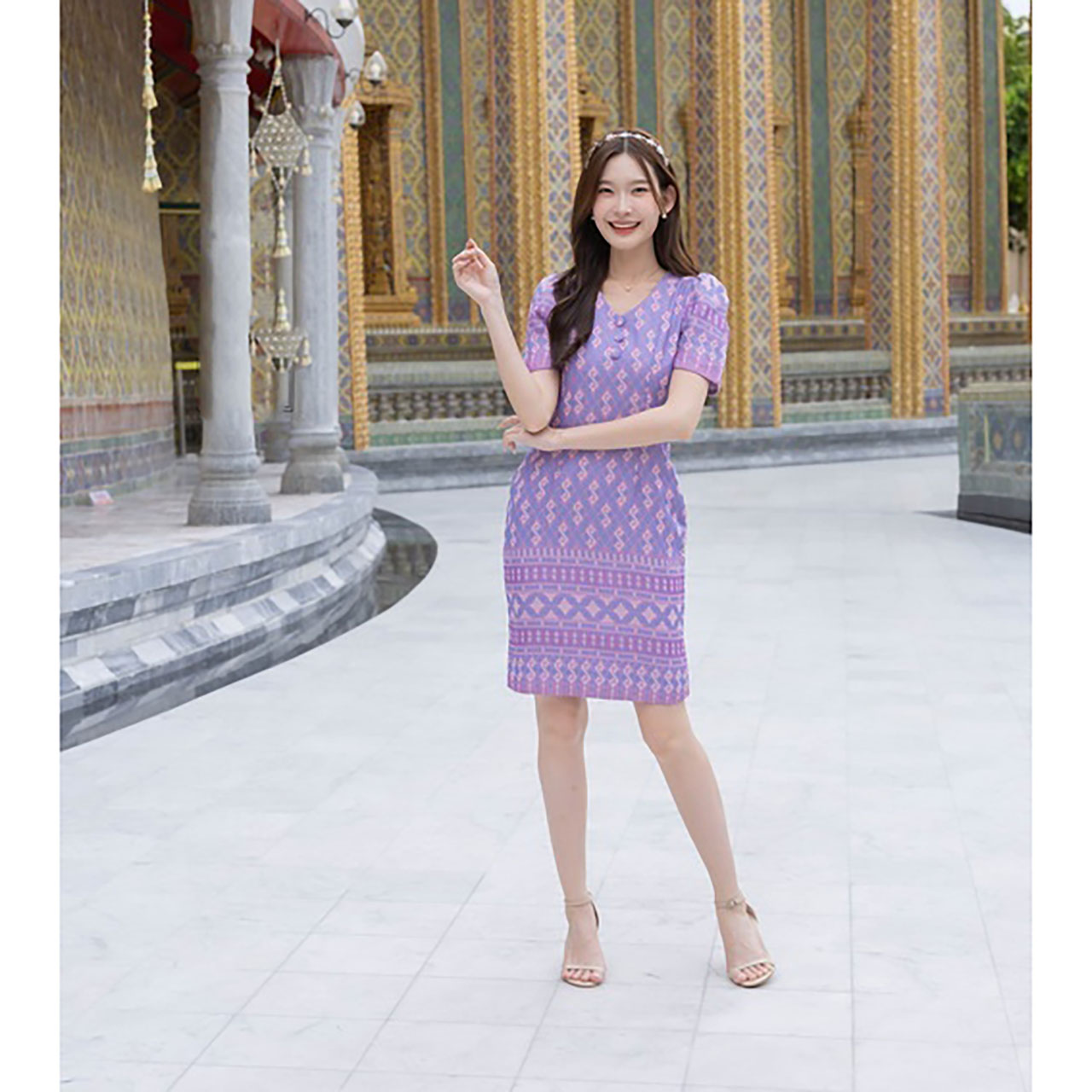 kudapy เดรสสั้นสีชมพู/สีม่วง ผ้าไทยทรงสอบกระดุม3เม็ด