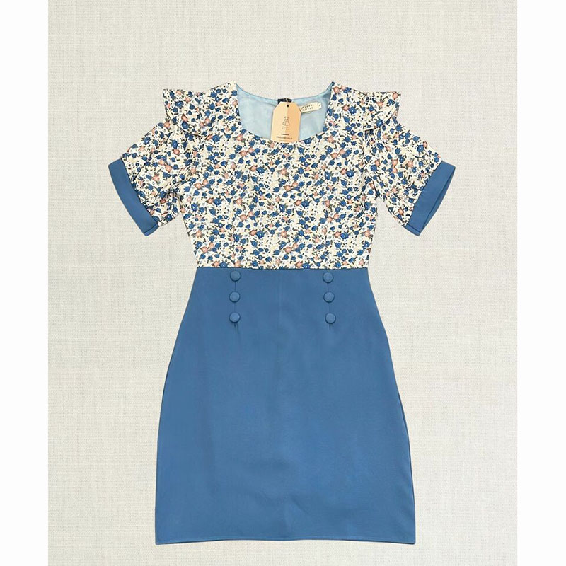 kudapy เดรสสั้นสีม่วง/สีชมพู/สีคราม แขนสั้นลายดอกมีกระดุม