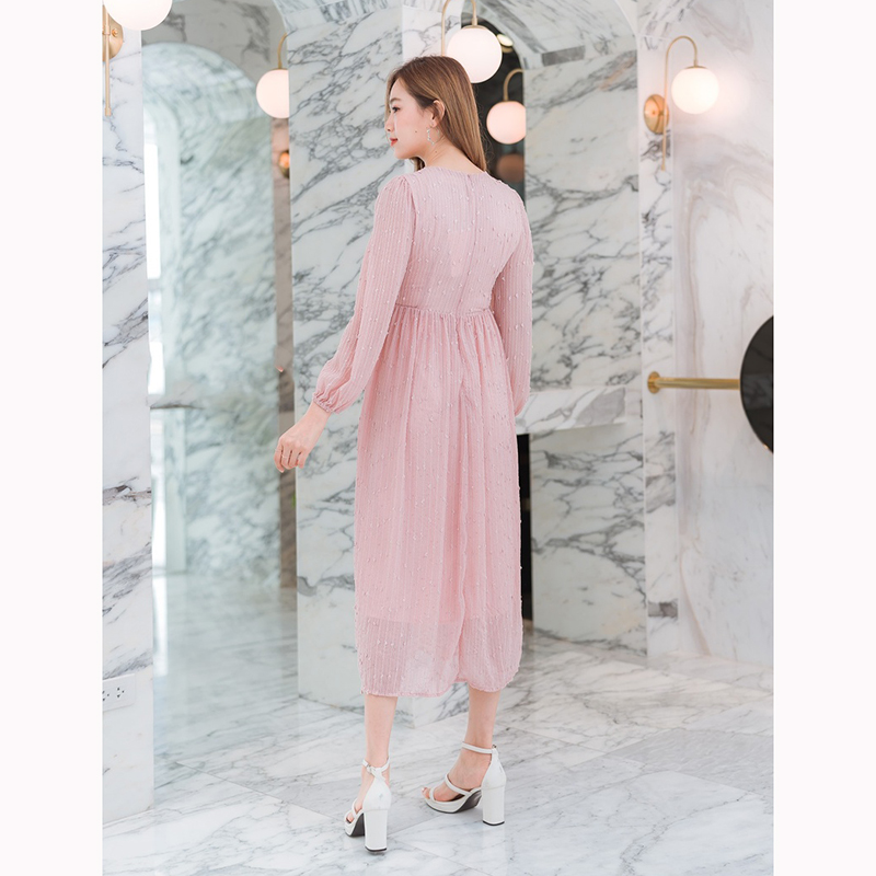 kudapy เดรสยาวสีขาว/สีเขียว/สีชมพู คอวีแขนยาวซีทรู ใส่สบายสวยดูดี