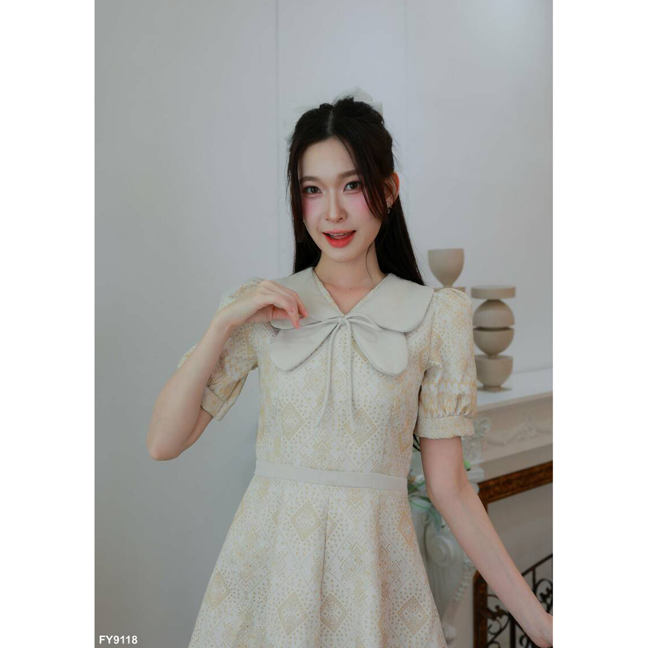 kudapy เดรสคอปกบัวผีเสื้อแขนตุ๊กตาพิมพ์ลาย