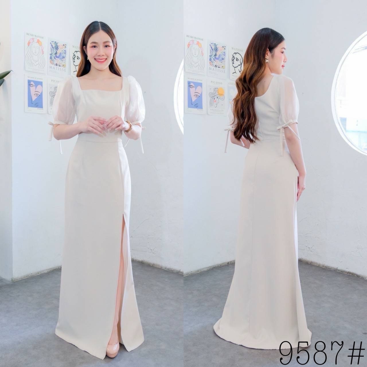 kudapy เดรสยาวออกงานสีครีมงาช้าง/เขียวพิตาชิโอ้/ชมพูอ่อน/ชมพูเข้ม/กรมท่า คอเหลี่ยม แขนตุ๊กตา ผูกโบว์ปรับขยายไซส์แขนได้ หรือ ดึงไหล่ลงแบบเปิดบ่า กระโปรงหางปลา