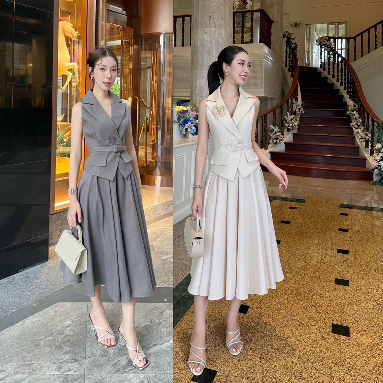 kudapy เซ็ทเสื้อแขนกุดทรงเข้ารูปมาพร้อมกับกระโปรงทรงยาว วเสื้อเก็บทรงเข้ารูปสวย กระดุมปั้มติดได้จริง2เม็ด แต่งกระเป๋าหลอกซ้ายขวา