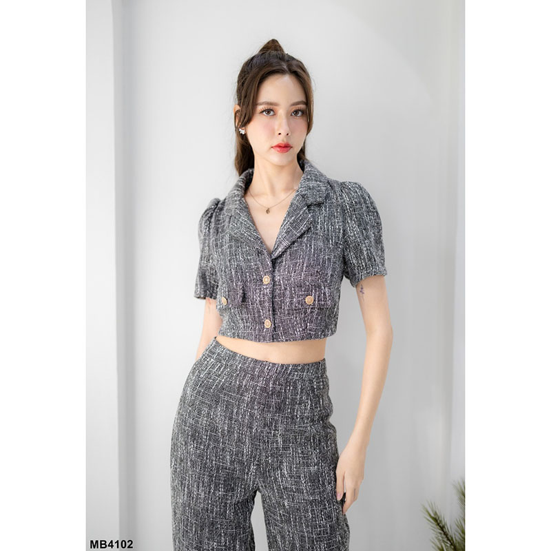 kudapy เซ็ทผ้าทวิตเสื้อปกสูท+กางเกงขายาวสีชมพู/สีดำ