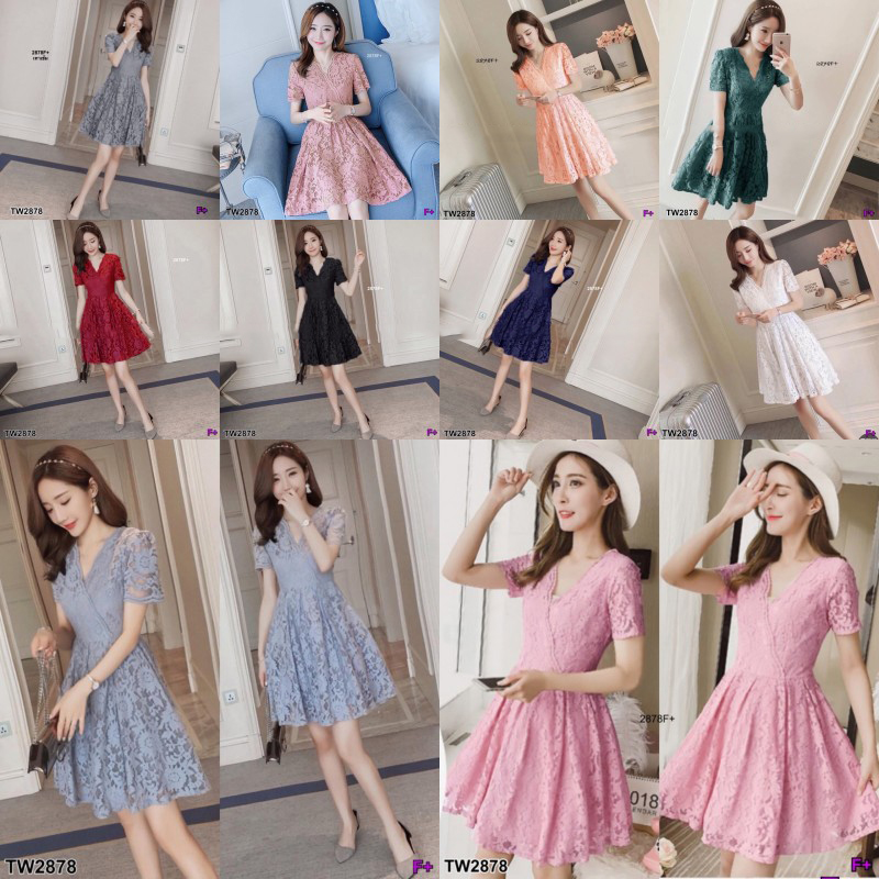kudapy เดรสสั้นสีขาว,เทา,กรม,ดำ,แดง,โอรสอ่อน,ชมพู,ชมพูกะปิ,ฟ้า ลูกไม้แขนสั้น คอวีลายลูกไม้ ลายลูกไม้ลายดอกกุหลาบ