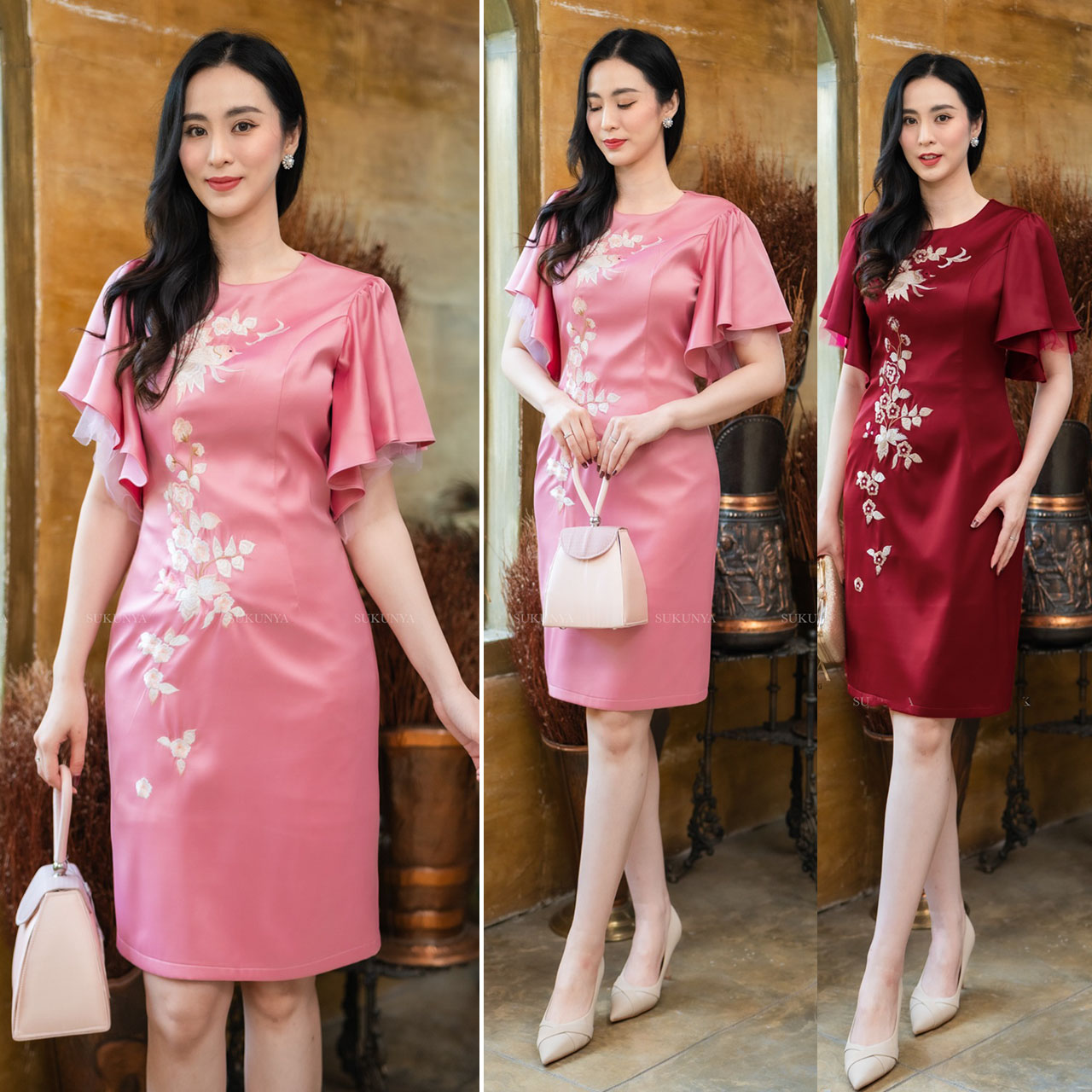 kudapy เดรสสั้นสสีแดง /สีชมพู งานผ้าเครปซาตินพริ้วทรงเอผ่าหลัง งานคอกลมแขนระบายสองชัเน ชั้นที่สองระบายเป็นผ้าถุงดิไซด์ให้เลยจากชั้นแรกเป็นชั้น